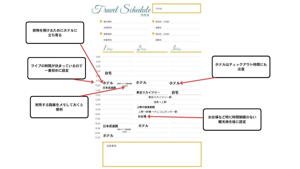 旅行のスケジュールのサンプル